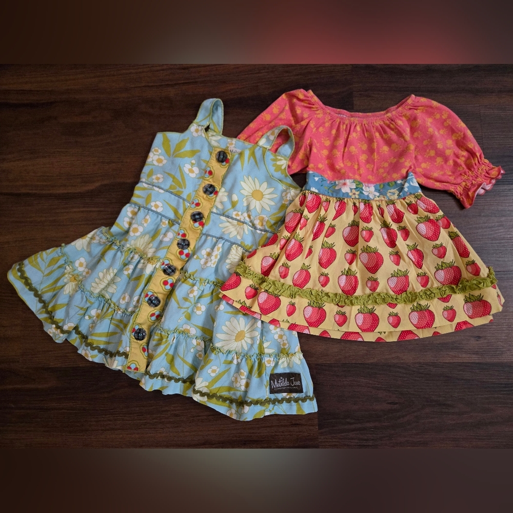 2 Matilda Jane Girls Floral and Strawberry Summer Dresses, Sz 4